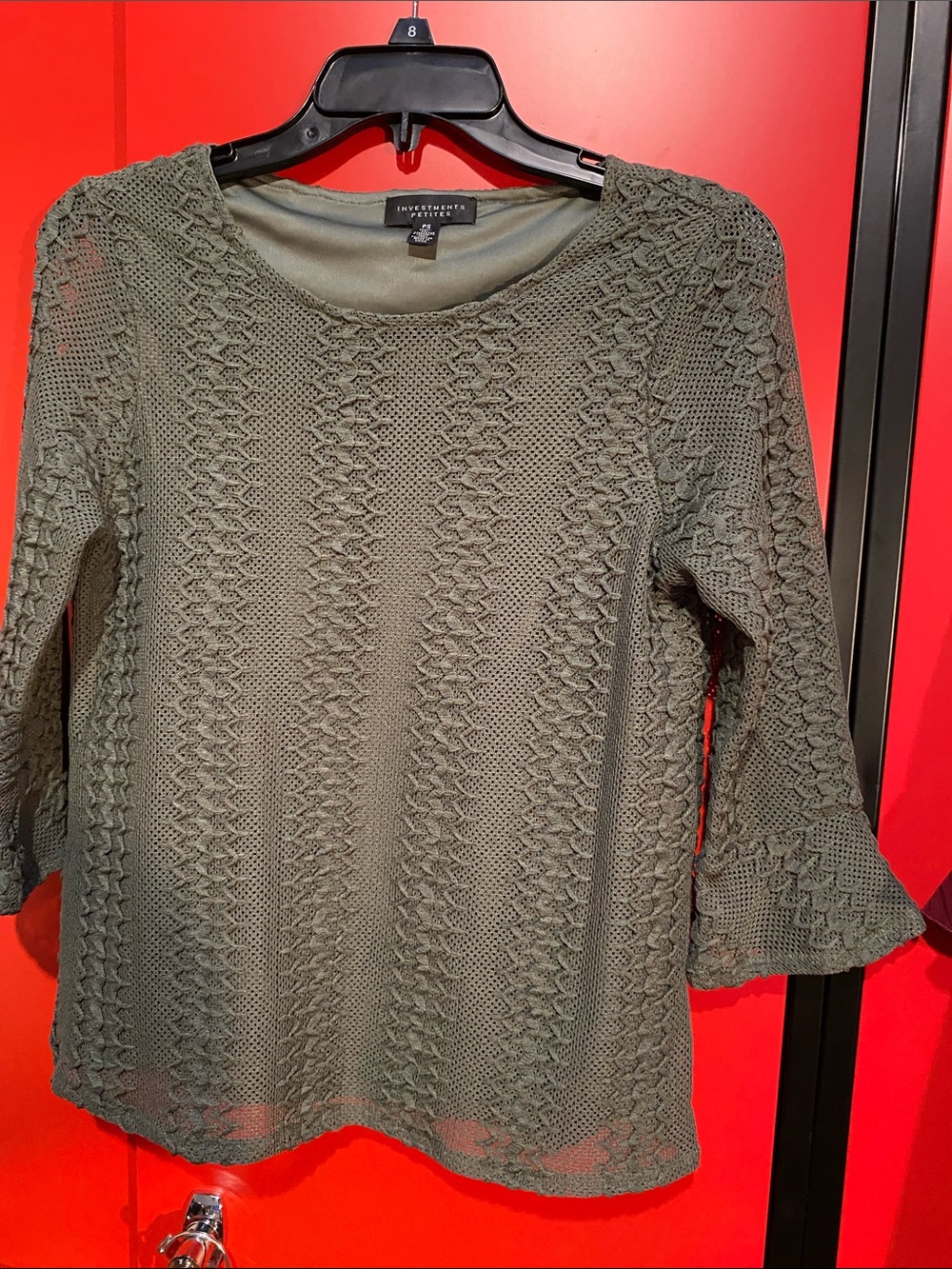 Investments Petites Olive Green Knit Bell-Sleeve Blouse. Size PS